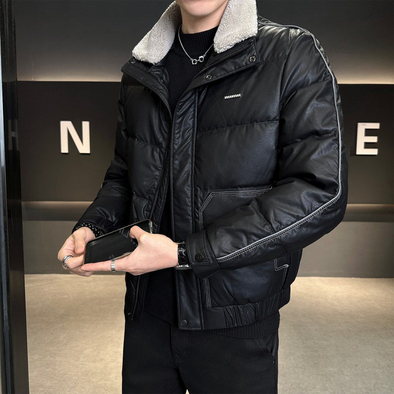 2025年新款保暖加厚羊羔毛领潮流轻奢皮衣夹克外套百搭休闲翻领,男装,羽绒服,淘宝优惠券,粉丝福利购,淘宝优惠卷
