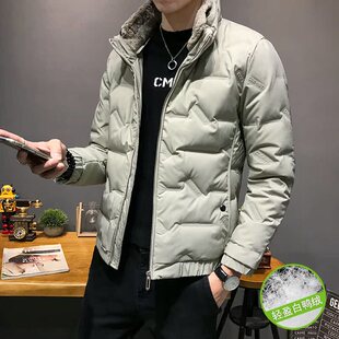 冬季潮男时尚毛领羽绒服韩版修身短款高级感白鸭绒保暖外套男冬装