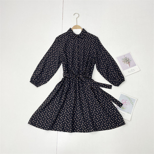 收腰连衣裙女 女翻领半门襟长袖 G2出口货通勤风 棕黑波点25秋新款