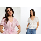 衬衫 G2蕾丝镂空 精致开衫 女V领系带收腰短袖 上衣 法国单26夏新款