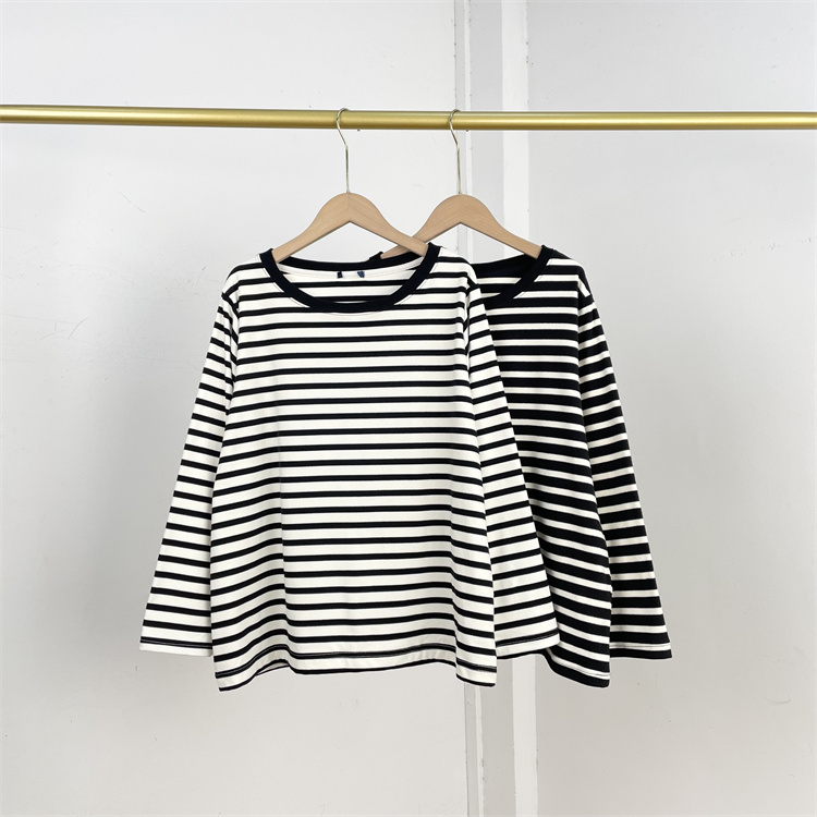 N3有大码圆领德绒日单外单25秋冬男女黑白条纹长袖打底衫百搭柔软