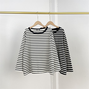 百搭柔软 打底衫 N3有大码 圆领德绒日单外单25秋冬男女黑白条纹长袖