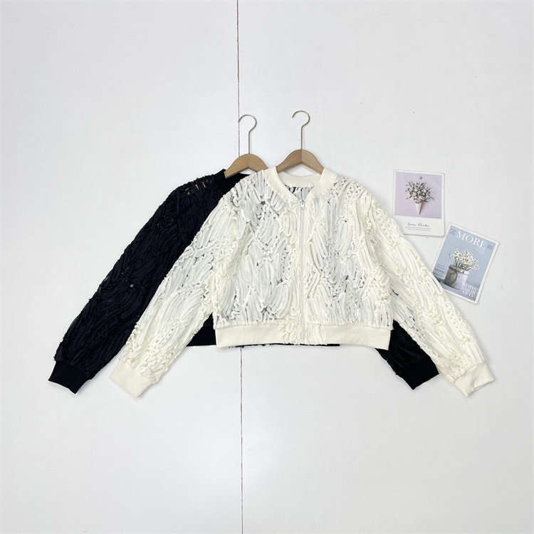 F3日系风立体盘花日单26年春新款长袖棒球服外套女款蕾丝控拉链衫