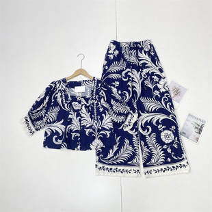 上衣长裤 G2亚麻花卉印花套装 女泡泡袖 26夏新款 度假风设计 美单纯元