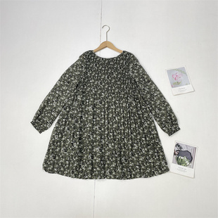 25秋新款 连衣裙淑女款 外单纯元 中长款 百褶圆领长袖 I4森系碎花裙