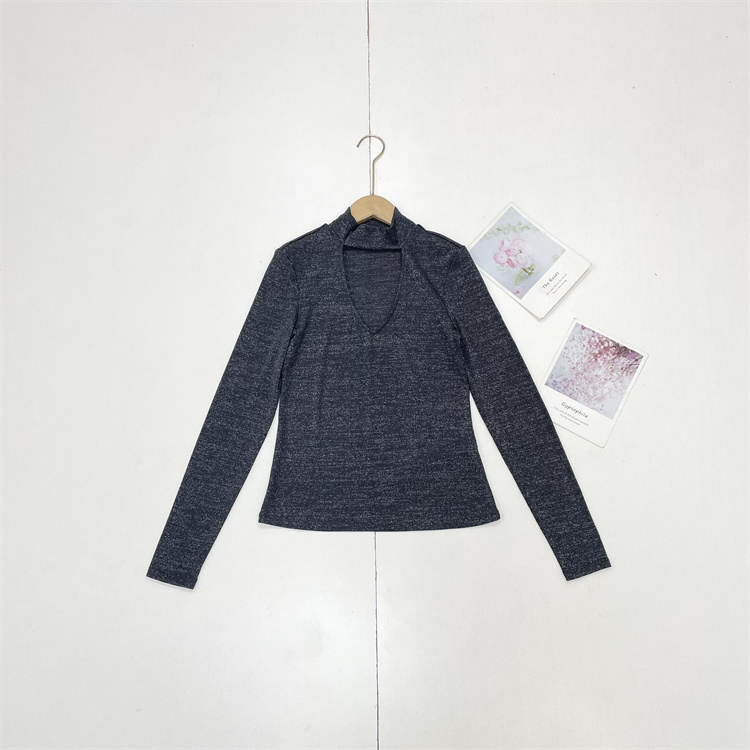 X2银丝闪黑外单纯元26春新款百搭镂空V领打底衫T恤女时尚气质上衣