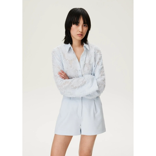 时尚 E1温柔奶蓝外单纯元 衬衫 女翻领流苏设计宽松开衫 优雅 26春新款