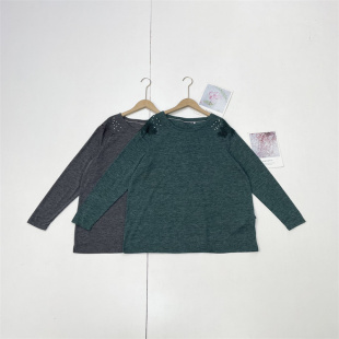 圆领长袖 女款 通勤套头上衣 北欧外单26春新款 D2钉珠蕾丝镂空设计