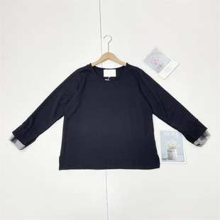 网纱拼接袖 I1日单大码 长袖 圆领女士T恤衫 口套头上衣 百搭25秋新款