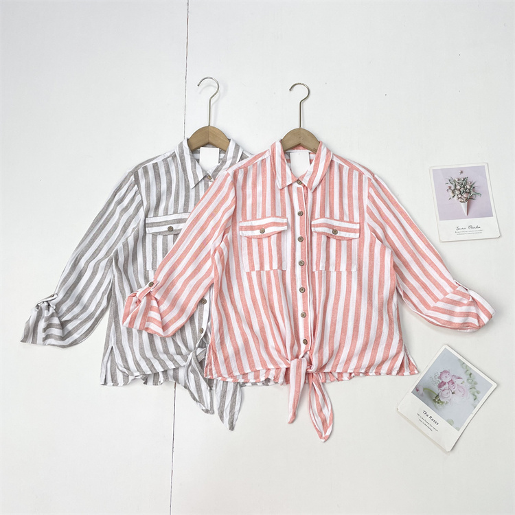 Y3清爽条纹好品~亚麻25秋新外单纯元下摆系带长袖女衬衫法式上衣