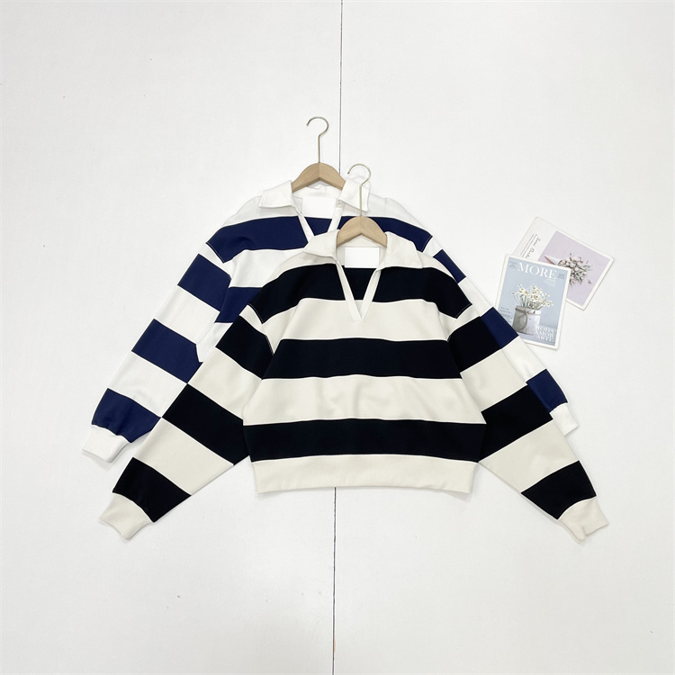 F5法式条纹~外单纯元25秋冬新复古卫衣V领半翻领女长袖上衣经典款