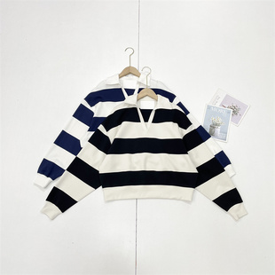 条纹 款 外单纯元 上衣经典 25秋冬新复古卫衣V领半翻领女长袖 F5法式