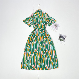 衬衫 收腰连衣裙 外单25夏新文艺复古线条翻领短袖 J2舒适肤感手感