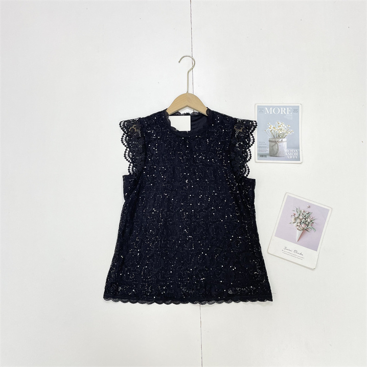 G5北欧外单26春夏新款女士亮片蕾丝面料套头无袖花边圆领纯色上衣