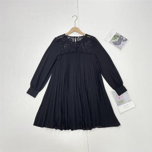 C6蕾丝拼接百褶~北欧单纯元25年秋女士长袖套头圆领连衣裙黑色