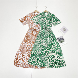 衬衫 25夏文艺线条翻领短袖 收腰连衣裙 外单纯元 N2复古豹纹花色