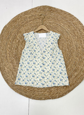 55%亚麻~清新小飞袖外单26夏款女V领碎花吸湿透气上衣开衫衬衫