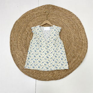 衬衫 女V领碎花吸湿透气上衣开衫 外单26夏款 55%亚麻 清新小飞袖