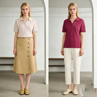 V领半翻领纯色衬衫 短袖 外单女通勤百搭上衣 26春夏新款 H2德国大牌