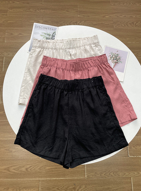 C6亚麻半裤！百搭之王外单24夏新款女休闲裤短裤高腰裤系带双口袋