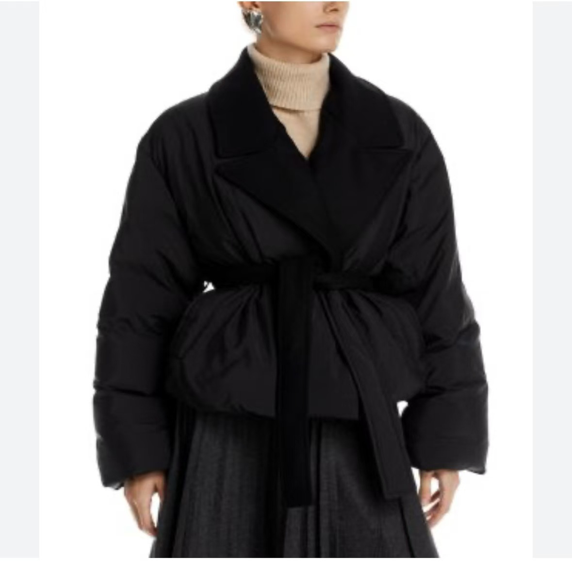 N3时装款出口单2025冬新款女毛呢西装领拼接收腰防寒夹棉棉服保暖