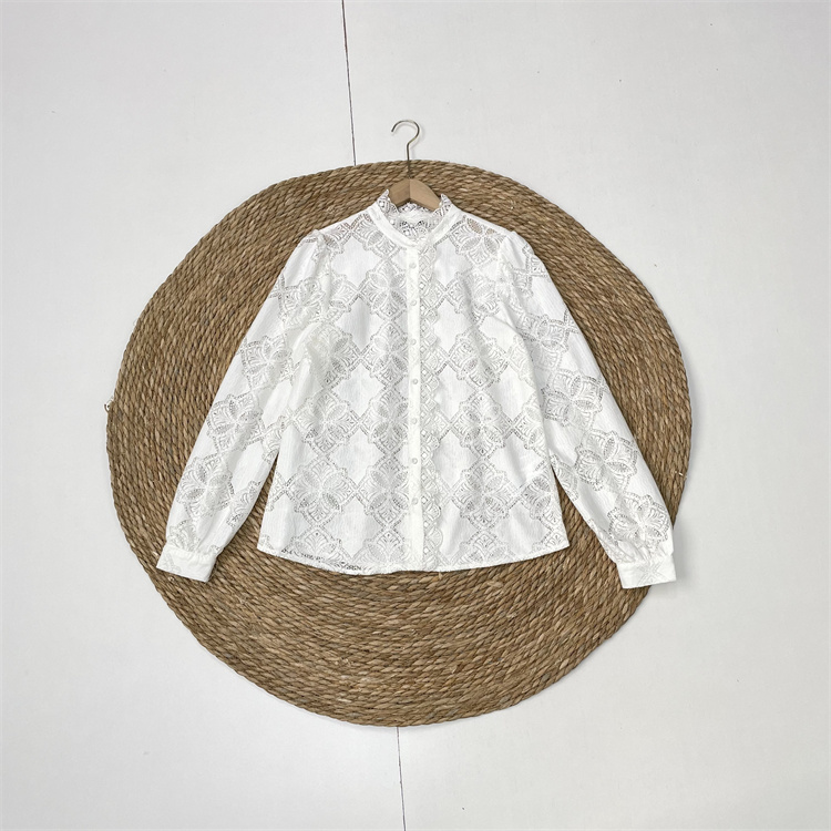 J2蕾丝镂空外单法国单25秋新款法式花边立领长袖开衫高级面料衬衫