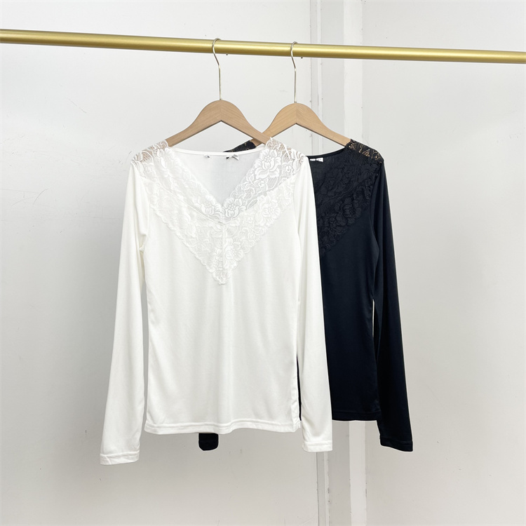 N2舒适莫代尔外单纯元26春新款V领蕾丝打底拼接长袖纯色柔软上衣