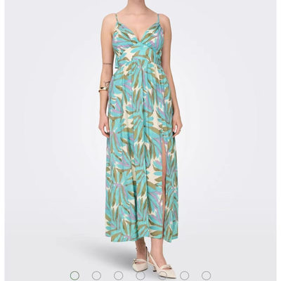 D4热带叶印花~北欧单25夏新款吊带露背装性感连衣裙礼服裙女长款