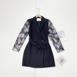 领长袖 P2提花拼接时尚 25秋西装 外贸纯元 双排扣中长连衣裙女 风