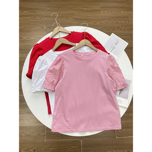 H1纯棉刺绣花朵袖口拼接~法国外单超舒服25夏新款圆领T恤衫短袖