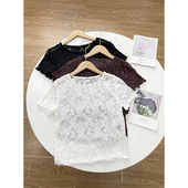 高级短袖 H2提花蕾丝面料 女圆领镂空纯色法式 新款 外单25夏季