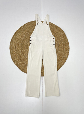 P有大码~减龄灯芯绒外单休闲宽松直筒背带裤高腰休闲裤长裤女白色