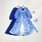 女长袖 Y4法式 浪漫外单北欧单26春夏新款 Ｖ领露背百褶肌理感连衣裙