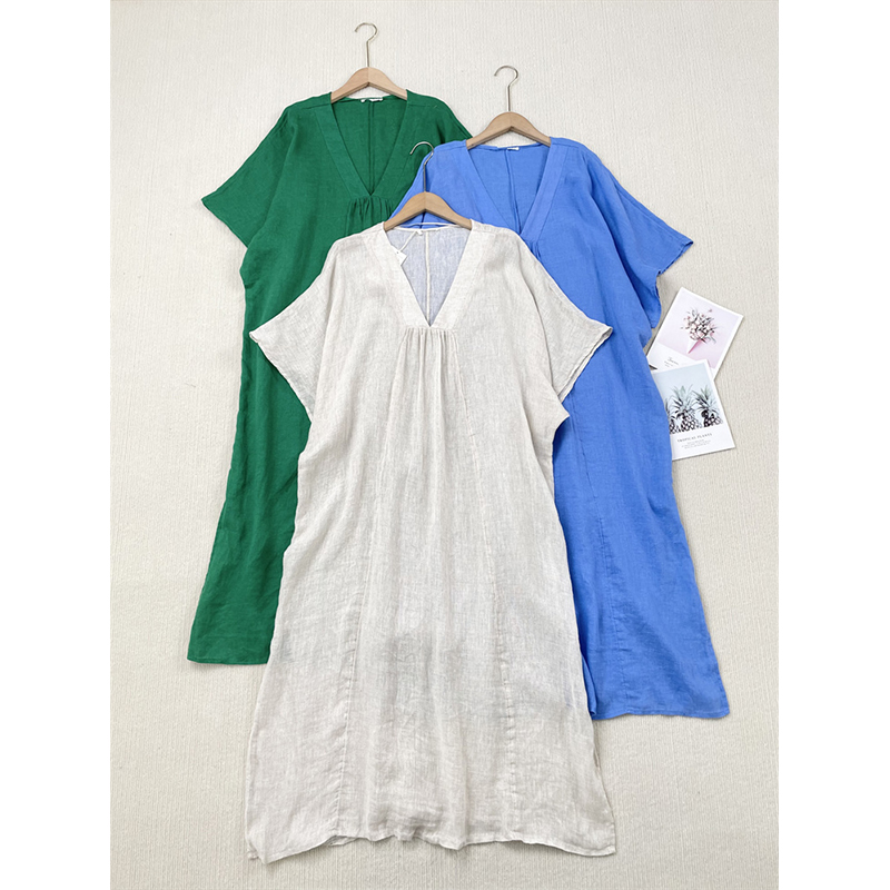 O+100%亚麻~2023年新款女士V领直筒H版型纯色简约休闲透气连衣裙