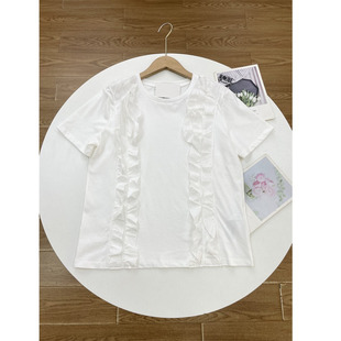 女士圆领短袖 26夏新款 白色显瘦百搭上衣 外单纯元 C3花边拼接设计