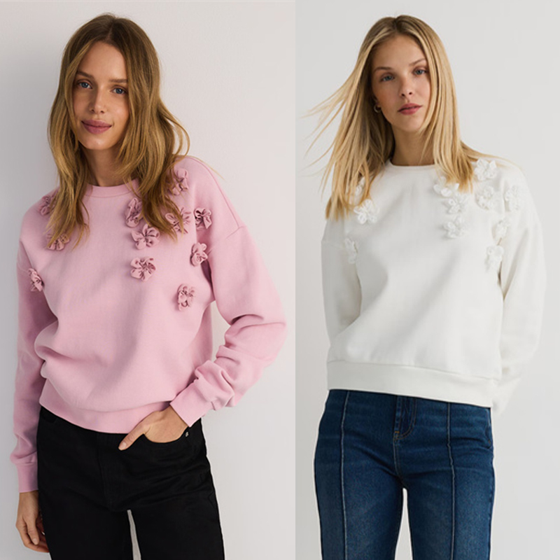 N1立体花朵装饰！外贸元单25秋新款长袖圆领清新色系抓绒柔软卫衣