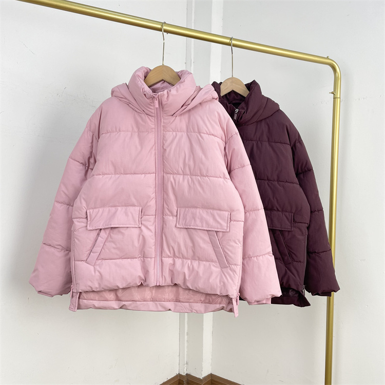 D4外单纯元she货棉服复古2025冬季新款女棉衣纯色防风保暖连帽款