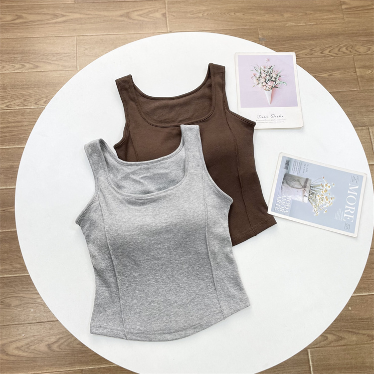 E1带胸垫无袖免穿内衣内里磨毛薄绒25秋冬新款基础款纯色打底衫背