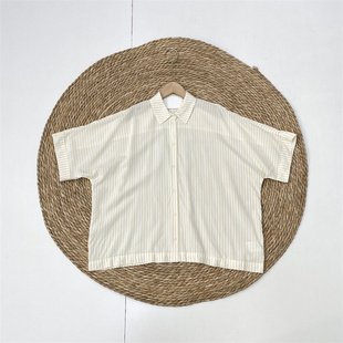 D2天丝棉~外单纯元25新短袖翻领插肩袖经典条纹宽松衬衫通勤开衫