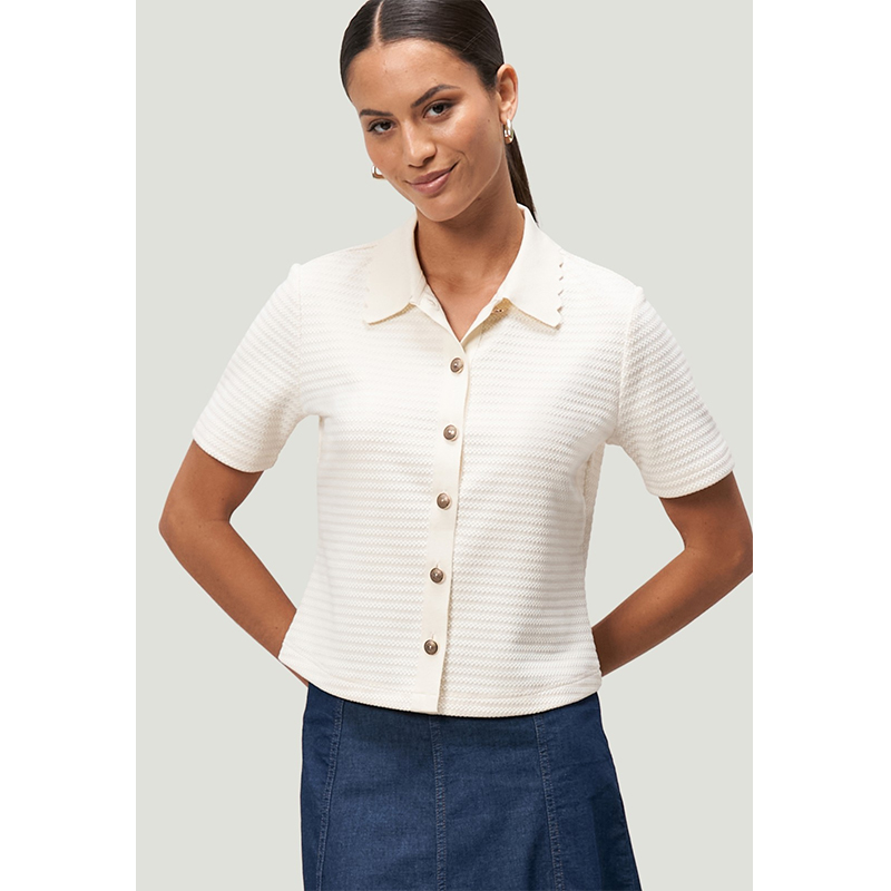 D2精致提花小香风外单纯元25秋新款女翻领短袖舒适亲肤针织衫开衫