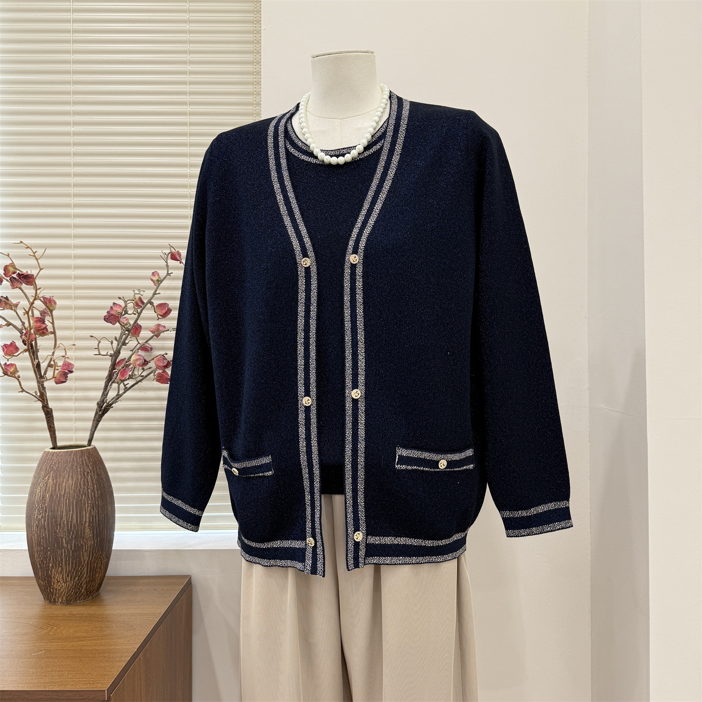 妈妈春装针织开衫两件套洋气50岁中老年女装春季短款时尚毛衣外套