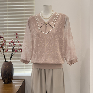 中年妈妈春装洋气V领针织小衫中老年人女款春夏薄款T恤打底衫上衣