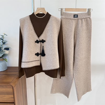 中老年女秋冬半高领毛衣马甲套装