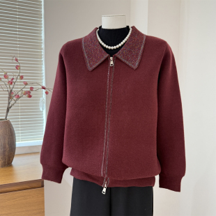 妈妈装加绒开衫毛衣中老年人秋冬保暖外穿翻领冬季加厚针织衫女装