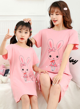 女童睡裙纯棉夏季儿童短袖睡衣家居服中大童卡通亲子装连衣裙薄款