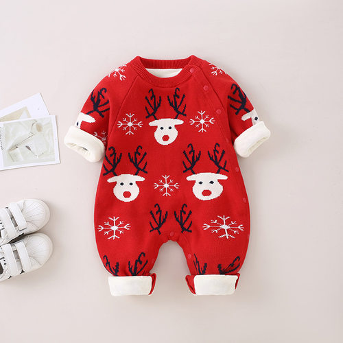 三折品牌清仓婴幼儿秋冬季爬服宝宝打底衫加绒圣诞节婴儿连体衣