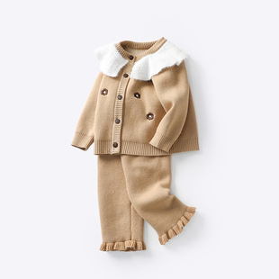三折品牌清仓婴幼儿秋冬季毛衣套裤精致刺绣针织套裤女宝宝两件套
