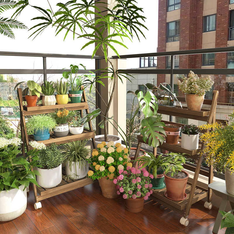 阳台花架置物架客厅落地式折叠多肉架带轮可移动实木花盆架植物架