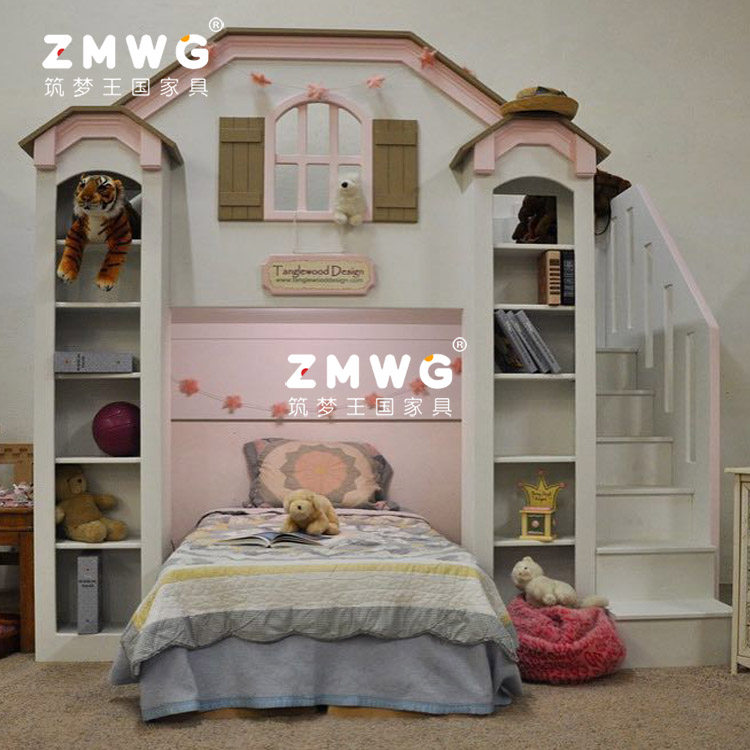 筑梦王国定制实木儿童床轻奢城堡床女孩上下床组合梯柜高低房子床