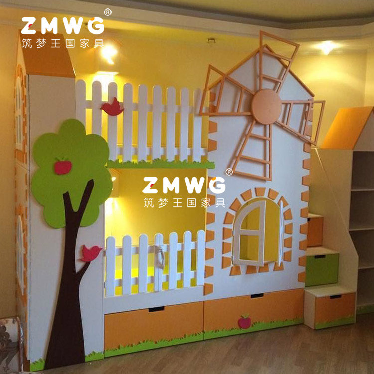 筑梦王国定制儿童床多功能实木高低床组合梯柜房子床女孩城堡床